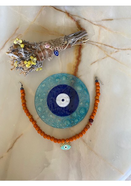 Turuncu Bodrum Yeşil Göz Nazarlı Boncuk Kolye modelleri