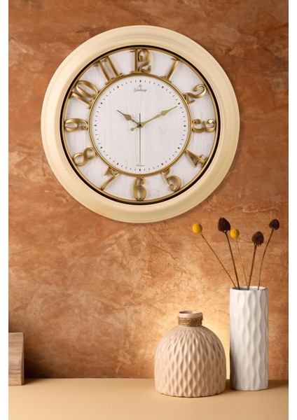 Şık Eskitme Kabartma Kadranlı 50 cm Duvar Saati Beyaz