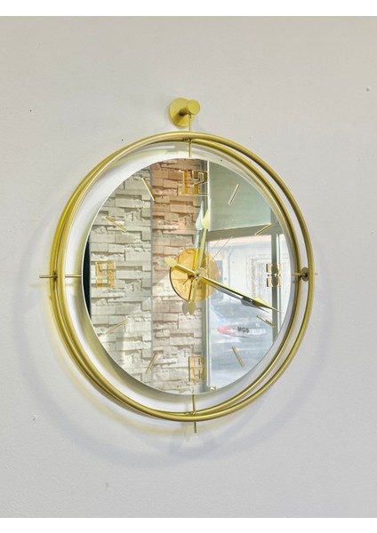 Altın Rengi Aynalı Duvar Saati, Şık ve Modern Tasarım, 48 Cm.