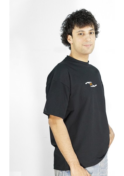 Flamepetal | Siyah Renk | Baskılı Erkek T-shirt | Oversize modelleri
