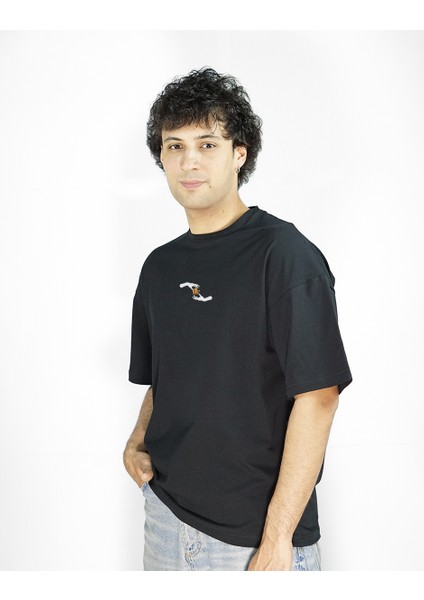 Flamepetal | Siyah Renk | Baskılı Erkek T-shirt | Oversize fırsatları