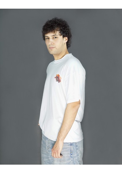 Luxfin | Beyaz Renk | Baskılı Erkek T-shirt | Oversize modelleri