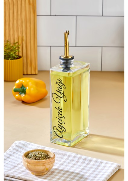 1 Adet Cam Yağdanlık Metal Gold Kapaklı Transfer Etiketli Ayçiçek/zeytinyağı/sirke/narekşisi 500ML
