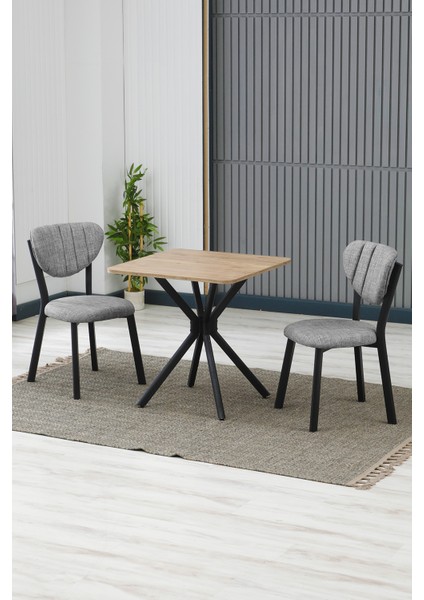 Elma Modeli Kare Mutfak Masa Sandalye Takımı, 2 Sandalye 1 Sabit Ceviz Masa 70X70 Cm, Keten Kumaş