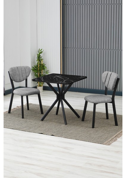 Elma Modeli Kare Mutfak Masa Sandalye Takımı 2 Sandalye 1 Siyah Mermer Desen Masa 70X70 Keten Kumaş