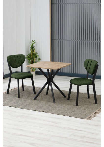 Elma Modeli Kare Mutfak Masa Sandalye Takımı, 2 Sandalye 1 Sabit Ceviz Masa 70X70 Cm, Keten Kumaş