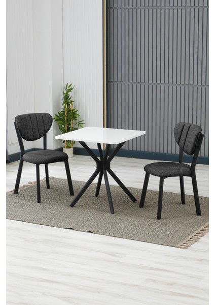Elma Modeli Kare Mutfak Masa Sandalye Takımı, 2 Sandalye 1 Sabit Beyaz Masa 70X70 Cm, Keten Kumaş