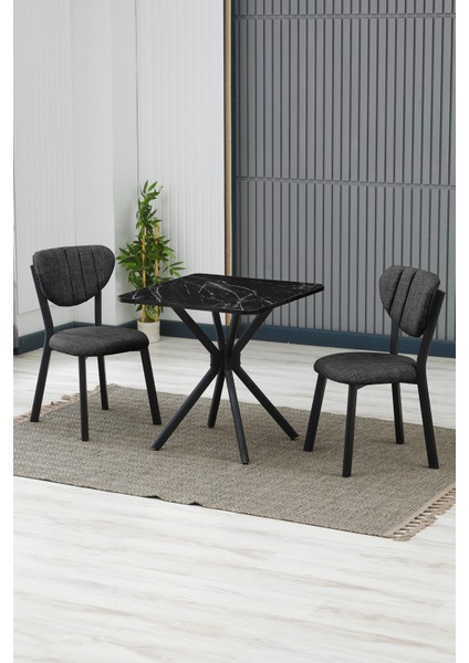 Elma Modeli Kare Mutfak Masa Sandalye Takımı 2 Sandalye 1 Siyah Mermer Desen Masa 70X70 Keten Kumaş