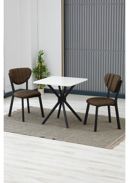 Elma Modeli Kare Mutfak Masa Sandalye Takımı, 2 Sandalye 1 Sabit Beyaz Masa 70X70 Cm, Keten Kumaş