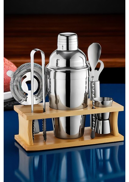 Shaker Kokteyl Set - 7 Parça 550 ml Shaker Coctail Set Bambu Standlı 721826
