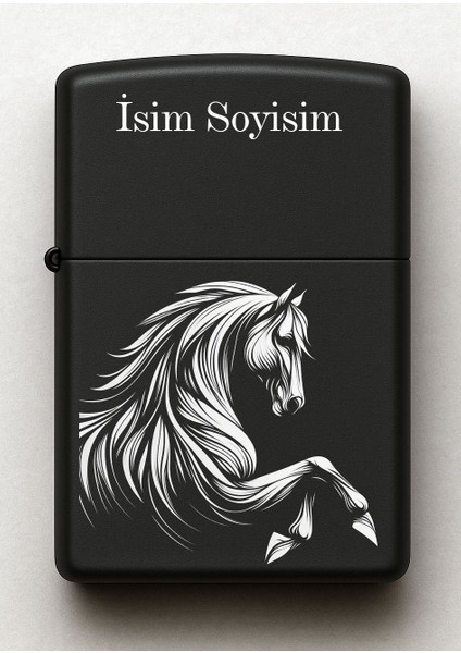 At Horse Desenli Kişiye Özel Isimli Siyah Benzinli Metal Çakmak
