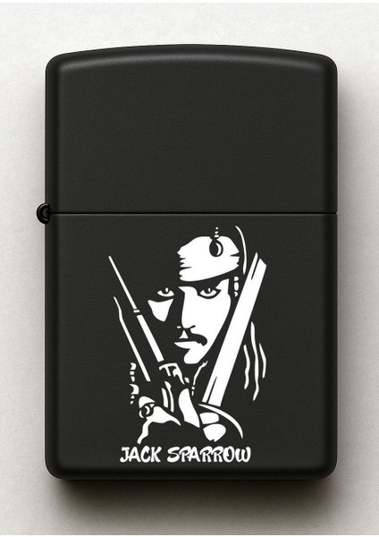 Jack Sparrow Desenli Kişiye Özel Isimli Siyah Benzinli Metal Çakmak