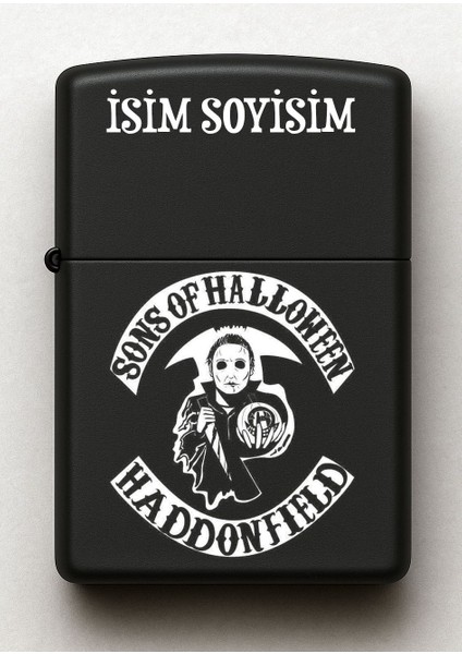 Sons Of Halloween Desenli Kişiye Özel Isimli Siyah Benzinli Metal Çakmak