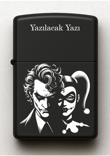 Joker ve Harley Quinn Desenli Kişiye Özel Isimli Siyah Benzinli Metal Çakmak