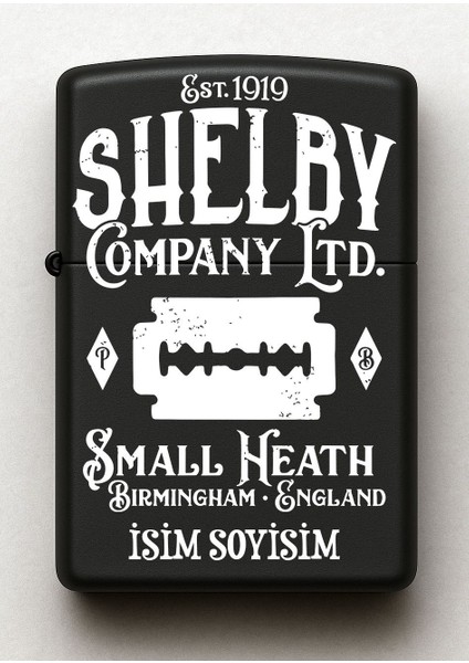 Peaky Blinders Shelby Desenli Kişiye Özel Isimli Siyah Benzinli Metal Çakmak