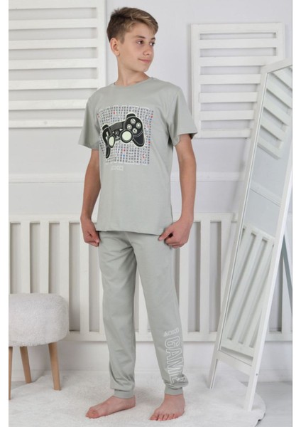 Isob Gri Atary Desenli %100 Pamuk Kısa Kollu Erkek Çocuk Pijama Takımı 8-13 Yaş 41517-G