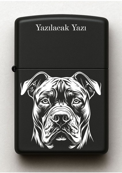 Pit Bull Terrier Desenli Kişiye Özel Isimli Siyah Benzinli Metal Çakmak