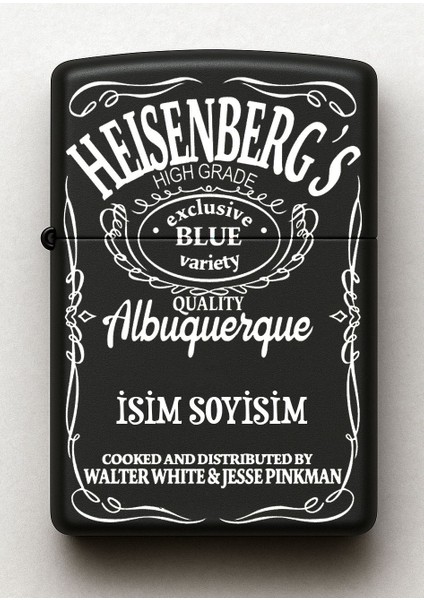 Heisenberg Breaking Bad Desenli Kişiye Özel Isimli Siyah Benzinli Metal Çakmak 2