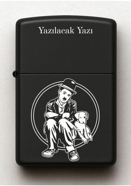 Charlie Chaplin Desenli Kişiye Özel Isimli Siyah Benzinli Metal Çakmak