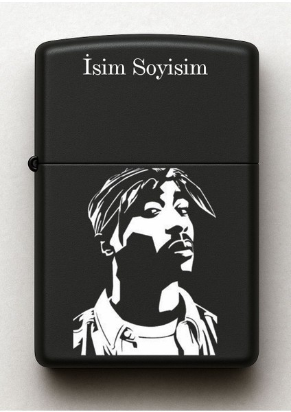 Tupac Desenli Kişiye Özel Isimli Siyah Benzinli Metal Çakmak