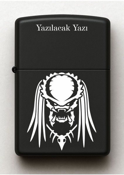 Predator Desenli Kişiye Özel Isimli Siyah Benzinli Metal Çakmak