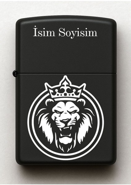 Aslan King Desenli Kişiye Özel Isimli Siyah Benzinli Metal Çakmak 52