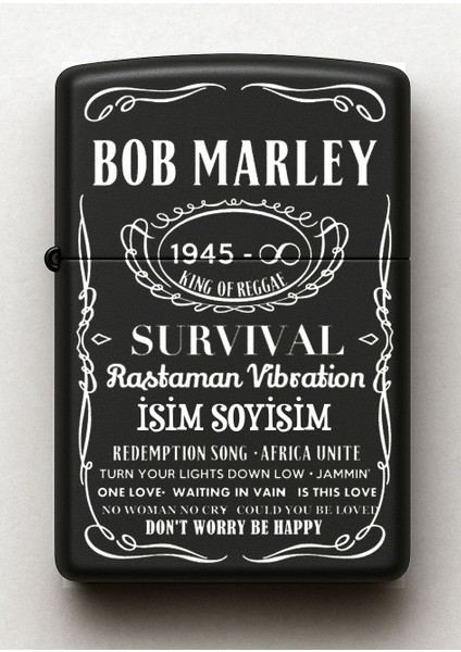 Bob Marley Desenli Kişiye Özel Isimli Siyah Benzinli Metal Çakmak