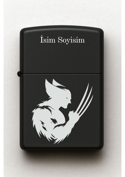 Wolwerine Desenli Kişiye Özel Isimli Siyah Benzinli Metal Çakmak