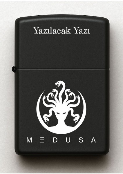 Medusa Desenli Kişiye Özel Isimli Siyah Benzinli Metal Çakmak