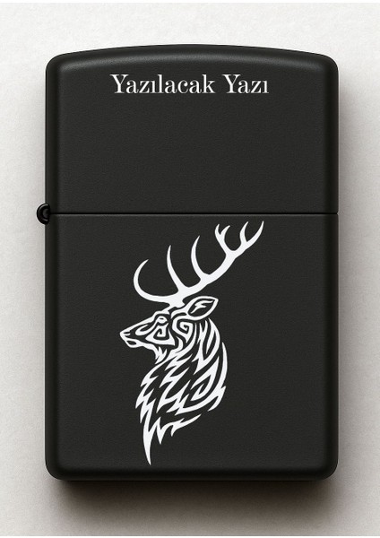 Geyik Desenli Kişiye Özel Isimli Siyah Benzinli Metal Çakmak 2
