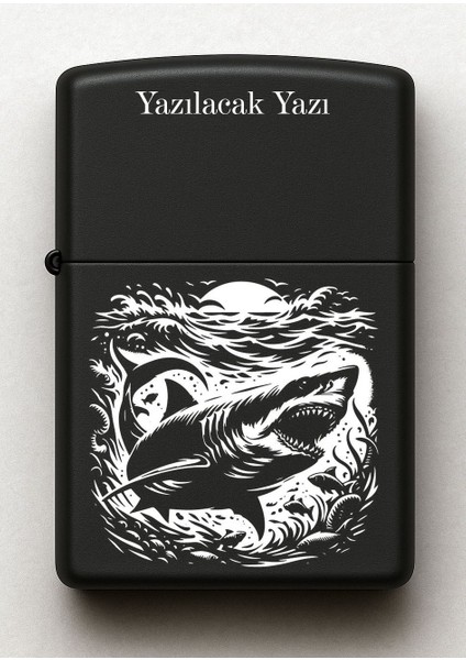 Köpek Balığı Desenli Kişiye Özel Isimli Siyah Benzinli Metal Çakmak