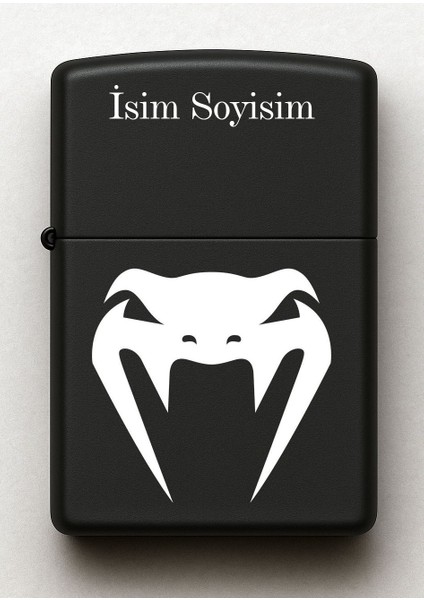 Yılan Kafası Desenli Kişiye Özel Isimli Siyah Benzinli Metal Çakmak