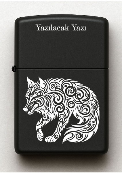 Tribal Kurt Desenli Kişiye Özel Isimli Siyah Benzinli Metal Çakmak 2