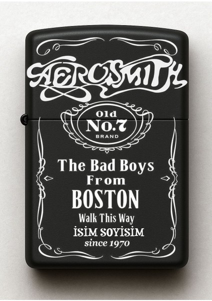 Aerosmith Desenli Kişiye Özel Isimli Siyah Benzinli Metal Çakmak