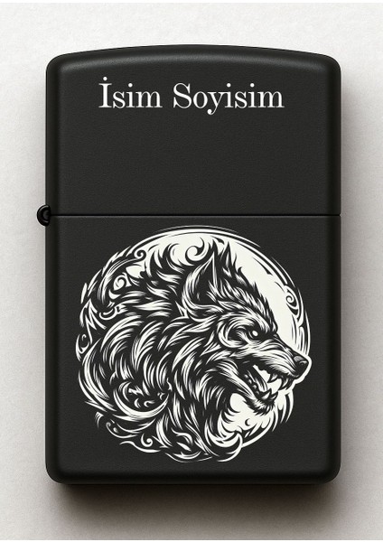 Canavar Desenli Kişiye Özel Isimli Siyah Benzinli Metal Çakmak