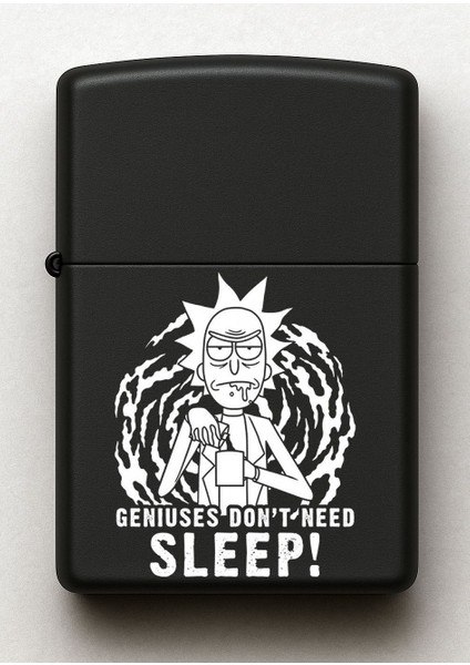 Rick And Morty Geniuses Don't Need Sleep Desenli Kişiye Özel Isimli Siyah Benzinli Metal Çakmak fiyatları