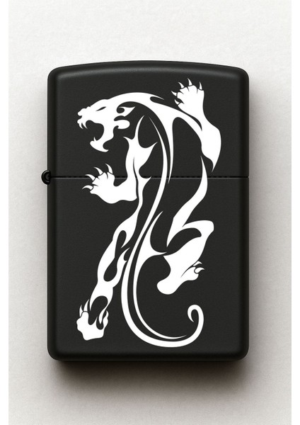 Tribal Kaplan Desenli Kişiye Özel Isimli Siyah Benzinli Metal Çakmak