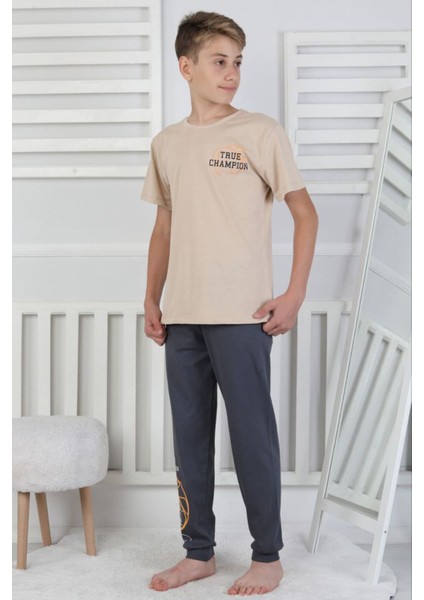 Isob Bej Basketbol Topu Desenli %100 Pamuk Kısa Kollu Erkek Çocuk Pijama Takımı 8-13 Yaş 41516-BE