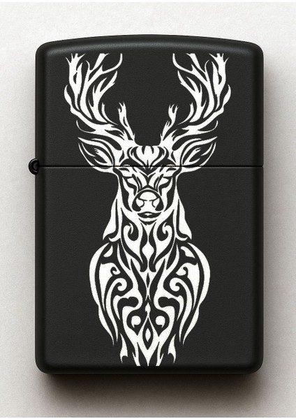 Geyik Desenli Kişiye Özel Isimli Siyah Benzinli Metal Çakmak