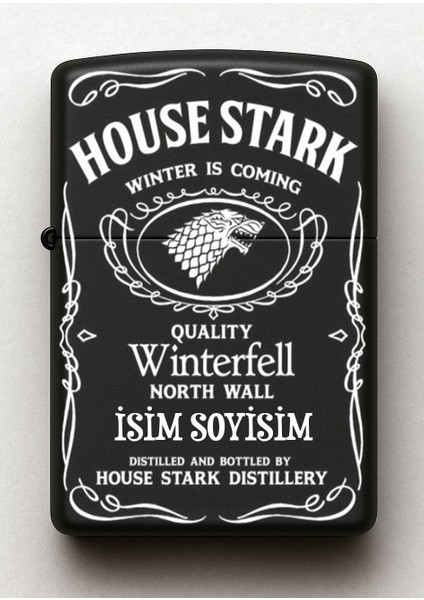 House Stark Got Desenli Kişiye Özel Isimli Siyah Benzinli Metal Çakmak