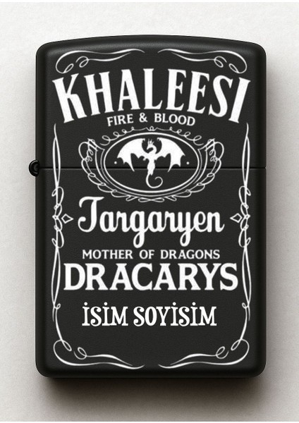 Khaleesi Targaryen Desenli Kişiye Özel Isimli Siyah Benzinli Metal Çakmak