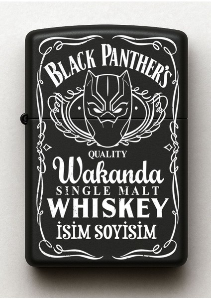 Black Panther Wakanda Desenli Kişiye Özel Isimli Siyah Benzinli Metal Çakmak