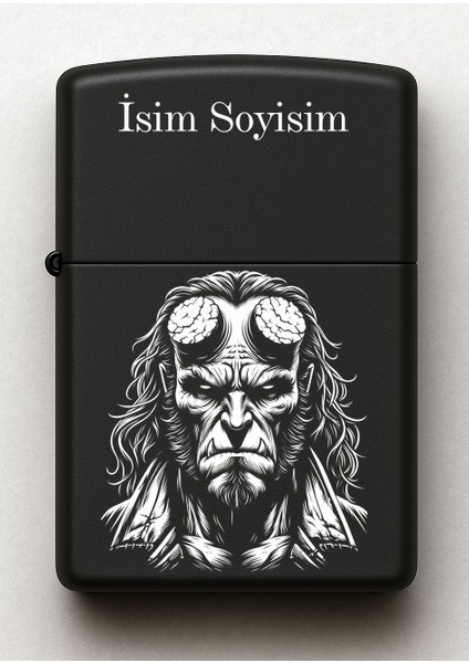 Hell Boy Desenli Kişiye Özel Isimli Siyah Benzinli Metal Çakmak