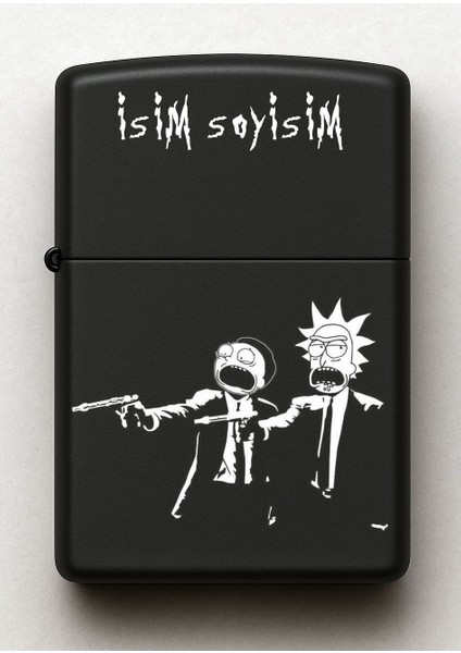 Rick And Morty Rick Fiction Desenli Kişiye Özel Isimli Siyah Benzinli Metal Çakmak