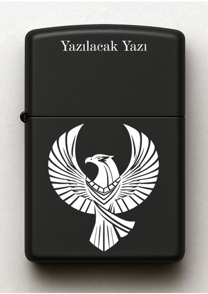 Kuş Sembolü Kişiye Özel Isimli Siyah Benzinli Metal Çakmak