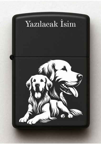 Golden Köpek Desenli Kişiye Özel Isimli Siyah Benzinli Metal Çakmak