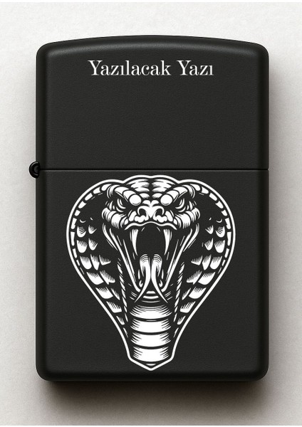 Kobra Yılanı Desenli Kişiye Özel Isimli Siyah Benzinli Metal Çakmak 3