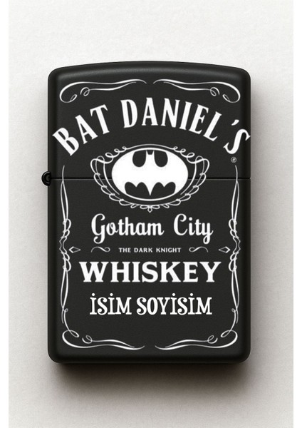 Batman Gotham City Desenli Kişiye Özel Isimli Siyah Benzinli Metal Çakmak