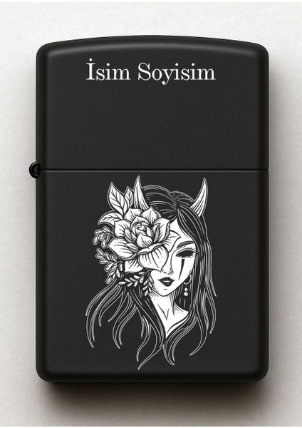 Gothik Cadı Desenli Kişiye Özel Isimli Siyah Benzinli Metal Çakmak