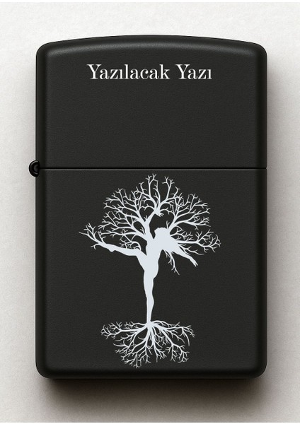 Ağaç Figürlü Kişiye Özel Isimli Siyah Benzinli Metal Çakmak